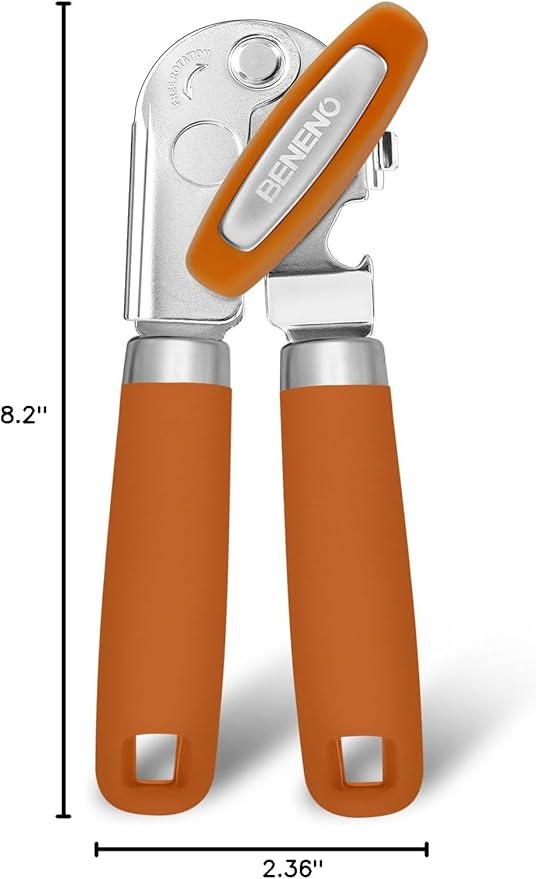 Beneno Can Opener Manual with Magnet, Hand Held Heavy Duty Can Opener with Durable Sharp Blade Smooth Edge, Big Effort-Saving Knob, Soft Grip Rubber Handle, Multifunctional Bottle Opener, Orange