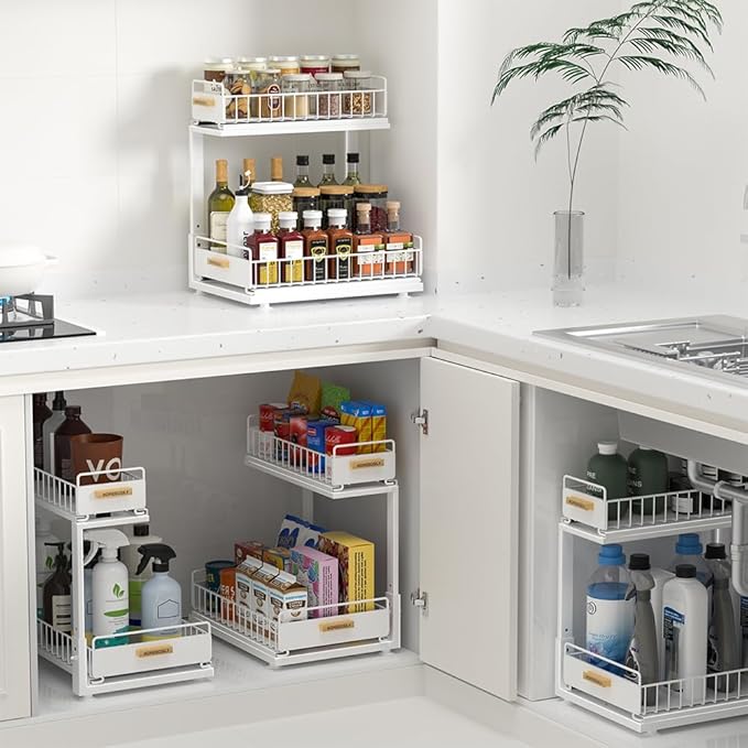 Under Sink Organizer, Pull Out Kitchen Cabinet Organizer, 2-Tier Metal Under Sink Organizers and Storage Height-Adjustable, Kitchen Bathroom Organizers and Storage Shelves, White