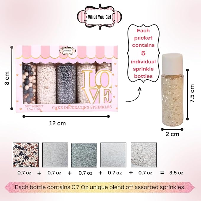 Confect White Sprinkles | Sprinkles for Cakes & Cupcakes Decoration | Assorted pack of 5 | Mix Black, Bronze & White Dragees Pearl , Jimmies & Sparkling Sugar | Vegan, Gluten-Free, Nut-Free, Soy-Free, Dairy-Free, Palm Oil-Free- 5 Oz