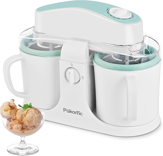 Pukomc Ice Cream Maker Machine for Home Use, with Two Ice Cream Bowls,Simple Operation and Easy to Clean,White Green