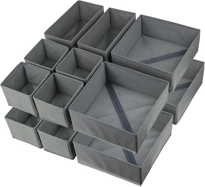 16 Pcs Drawer Organizer,Fabric Closet Organizer and Storage Baskets,Foldable Drawer Divider for Clothing,Sock,Ties,Underwear Drawer Organizers,Cabinet Storage Boxes (Gray)
