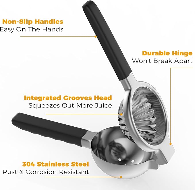 Stainless Steel Lemon Squeezer - Metal Citrus Juicer - Lime Lemon and Fruit Juicer with Silicone Handles - Large Manual Citrus Press Juicer - Hand Held Squeezer - Ergonomic Design with Solid