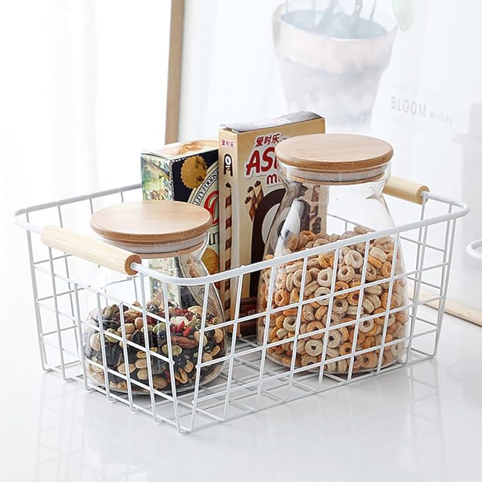 LeleCAT white wire baskets for organizing with Wooden Handles Storage Organizer Baskets, Household snack basket for Cabinets, Pantry, Closets, Bedrooms, pantry organizers and storage - Set of 2（White）