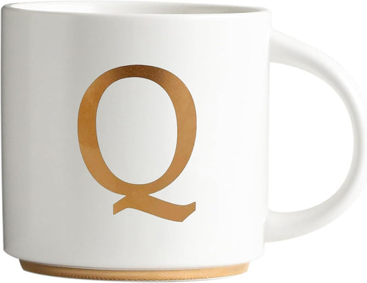 COLLECTIVE HOME - Monogram Ceramic Mugs, 15 oz Golden Initial Coffee Cups, Elegant Alphabet Tea Mugs, Elegant Personalized Mug with Gift Box, Unique Mug with Double Side Capital Letter (Q)