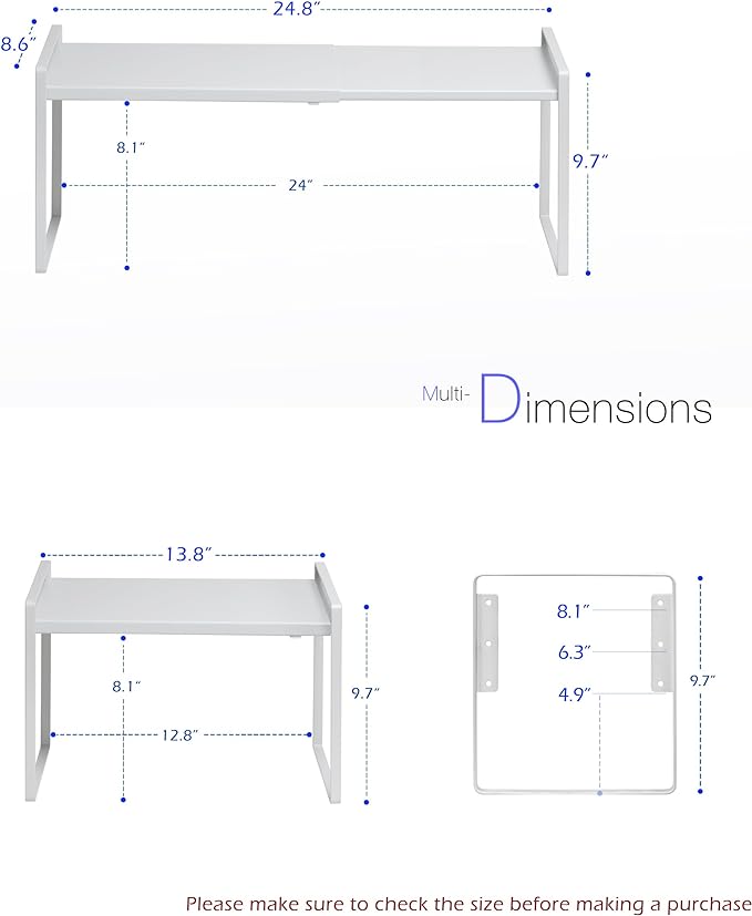 Nxconsu Cabinet Shelf Expandable Height Adjustable Organizer Riser for Kitchen Cabinet Pantry Cupboard Under Sink Countertop Organization Storage Space Saver Stackable Heavy Duty Metal White