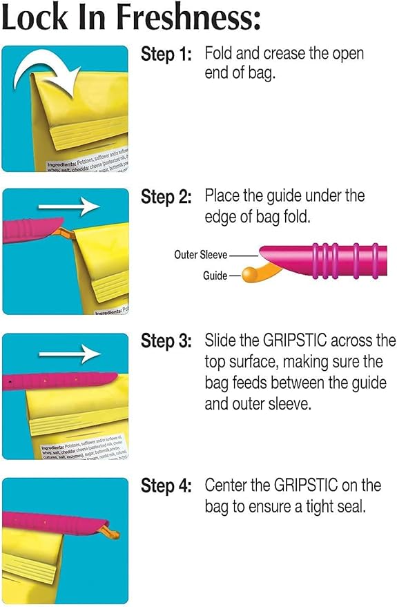 GripStic Bag Sealer - Reusable Chip Clips, Bag Clips. Patented. Airtight & Waterproof Seal on Food Storage Bags, Kids Snacks & More. Near Zero Waste. 12ct XLarge