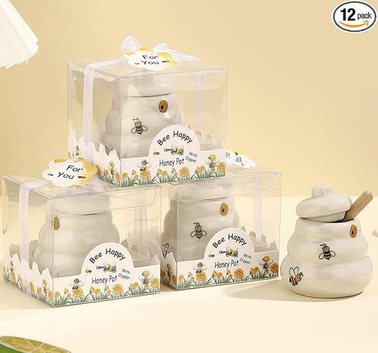 12 Sets Ceramic Bee-Happy Honey Pot with Dipper，Honey Jar Serving Set with Exquisiting Package for Wedding Favor,Bridal Shower Favor, Baby Shower Favor，Party Favor (12)