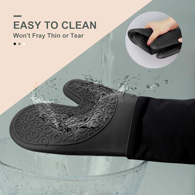 sungwoo Extra Long Silicone Oven Mitts, Heat Resistant Oven Gloves with Quilted Liner Non-Slip Textured Grip Perfect for BBQ, Baking, Cooking and Grilling - 1 Pair 14.6 Inch Black