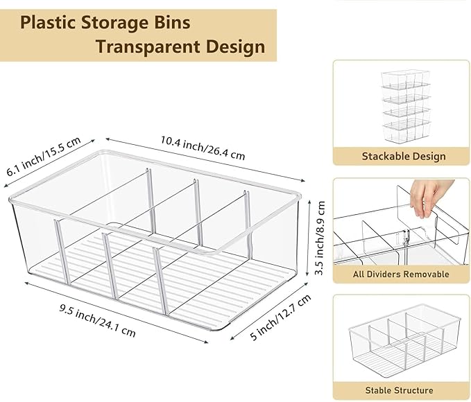 2 Pcs Clear Pantry Organizers and Storage,Plastic Storage Bins for Fridge with Removable Dividers, Kitchen Cabinet Organizers Ideal for Kitchen, Pantry, Refrigerator, Freezer, and Snack Storage