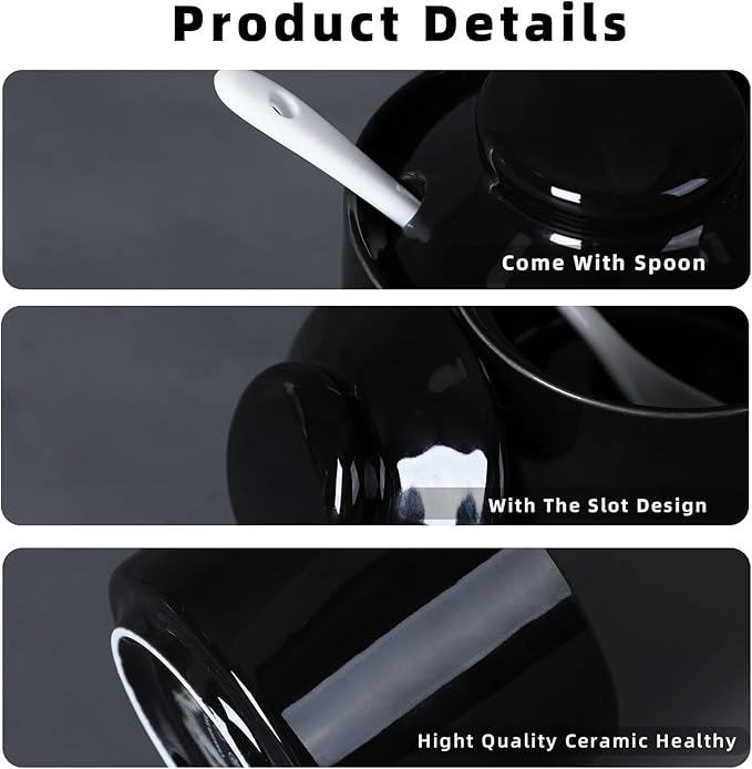 ONTUBE Ceramic Sugar Bowl with Lid and Spoon Set of 2,Porcelain Seasoning Box Salt Bowl with Tray,8oz (Black)