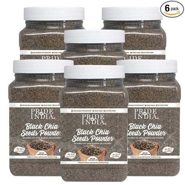 Pride Of India - Pack of 6 - Premium Black Chia Seeds Powder 1 lbs (454 gm) Mild Nutty Earthy Taste Freshly Milled in Small Batches | Used for Baking Coating Thickening
