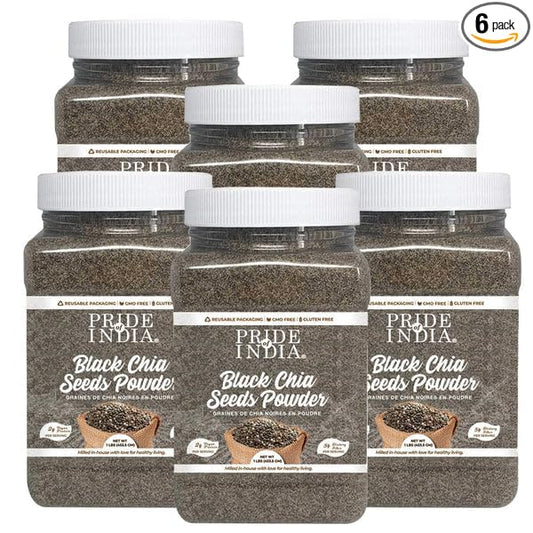 Pride Of India - Pack of 6 - Premium Black Chia Seeds Powder 1 lbs (454 gm) Mild Nutty Earthy Taste Freshly Milled in Small Batches | Used for Baking Coating Thickening