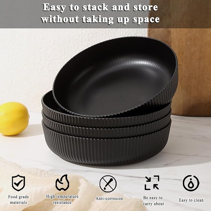 Kyraton Pasta Bowls Set of 4, 37oz Salad Bowls Soup Bowls Large Pasta Serving Bowl Plastic Unbreakable Serving Dishes Dinner Bowls (Black)