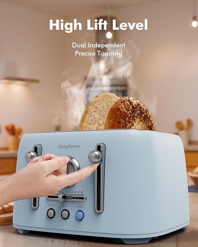 4-Slice Toaster with 1.6" Extra-Wide Slots, 6-Level Browning Control & Bagel/Defrost, Removable Crumb Tray, Auto Shutoff Stainless Steel Toaster Oven, Blue