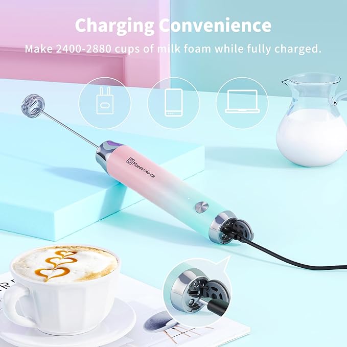 Maestri House Rechargeable Milk Frother with Stand, LunaFro Handheld Electric Foam Maker Waterproof Detachable Stainless Steel Whisk Drink Mixer Foamer for Lattes, Cappuccino