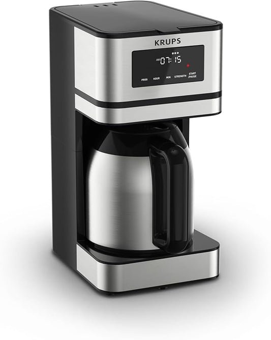 Krups Simply Brew Stainless Steel and Thermal Carafe Drip Coffee Maker 12 Cup Programmable, Customizable, Digital Display, Insulated Coffee Filter, Dishwasher Safe, Drip Free Silver and Black