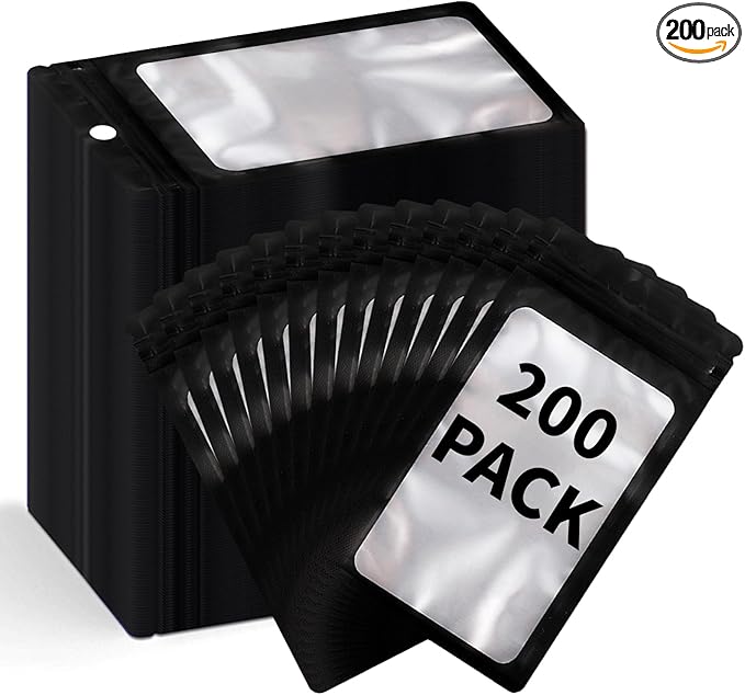 200 Pack Resealable Mylar Holographic Bags Food Storage Smell Proof Bags with Front Window Foil Packaging Pouch for Candy Sample Jewelry Small Business 3.15×5.51 Inch, Black