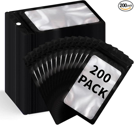 200 Pack Resealable Mylar Holographic Bags Food Storage Smell Proof Bags with Front Window Foil Packaging Pouch for Candy Sample Jewelry Small Business 3.15×5.51 Inch, Black
