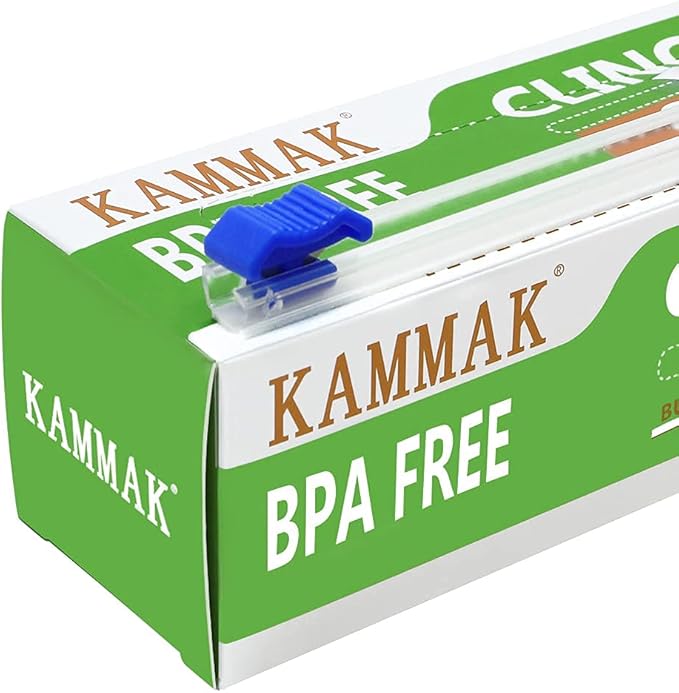 KAMMAK Plastic Wrap with Slide Cutter - 4 Pack 12 inch Clear Cling Film, 300 Square FT Roll - BPA Free, Microwave Safe, Quick Cut Kitchen Wrap