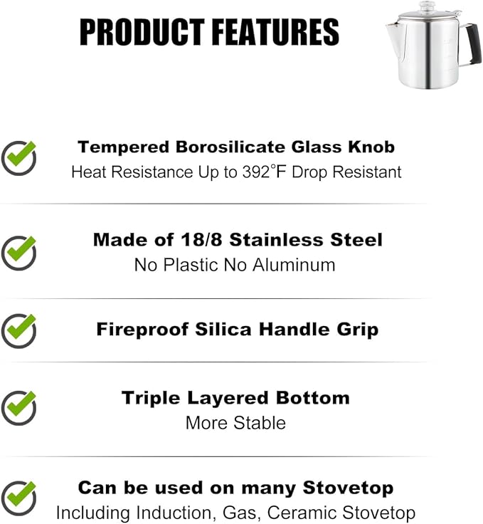 Multi Use 6 Cup Coffee Pot Bundle Coffee Percolator with 2 Mugs Stainless Steel Coffee Maker with Two Heat Resistant Tough Borosilicate Glass Knob Fireproof Silica Handle Using on any Stovetop