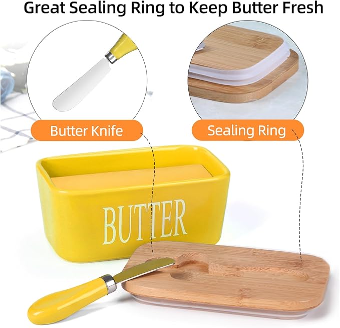 Ceramic Butter Dish with Wooden Lid, Large Butters Container Keeper Storage with Stainless Steel Knife Spreader, Bamboo Cover and Silicone Sealing Ring for West East Coast, Yellow