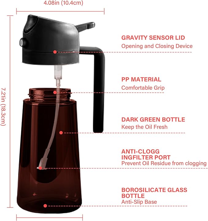 16oz Oil Dispenser Bottle for Kitchen - 2 in 1 Olive Oil Dispenser and Oil Sprayer - 470ml Olive Oil Bottle - Oil Sprayer for Cooking, Kitchen, Salad, Barbecue Black (Wine red with black lid)