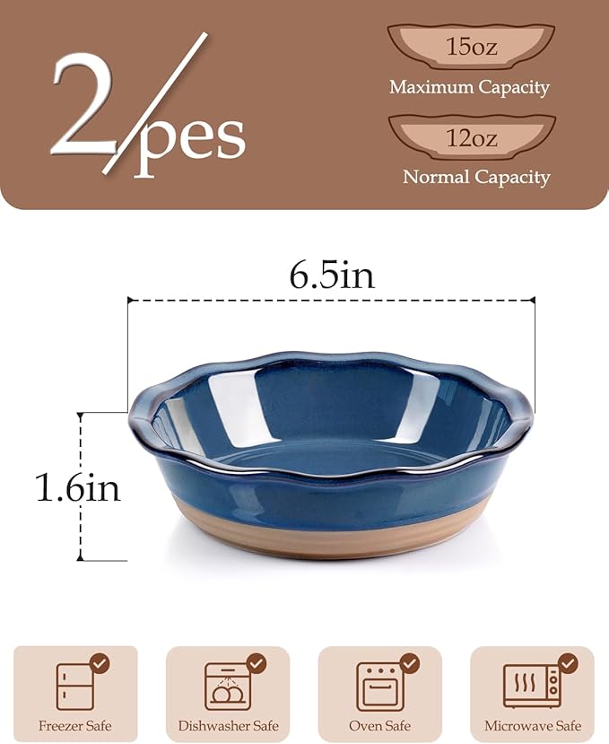 NUTRIUPS 6.5 Inch Ceramic Mini Pie Pans Set of 2, Pot Pie Baking Dishes, Small Pie Pans Oven Safe