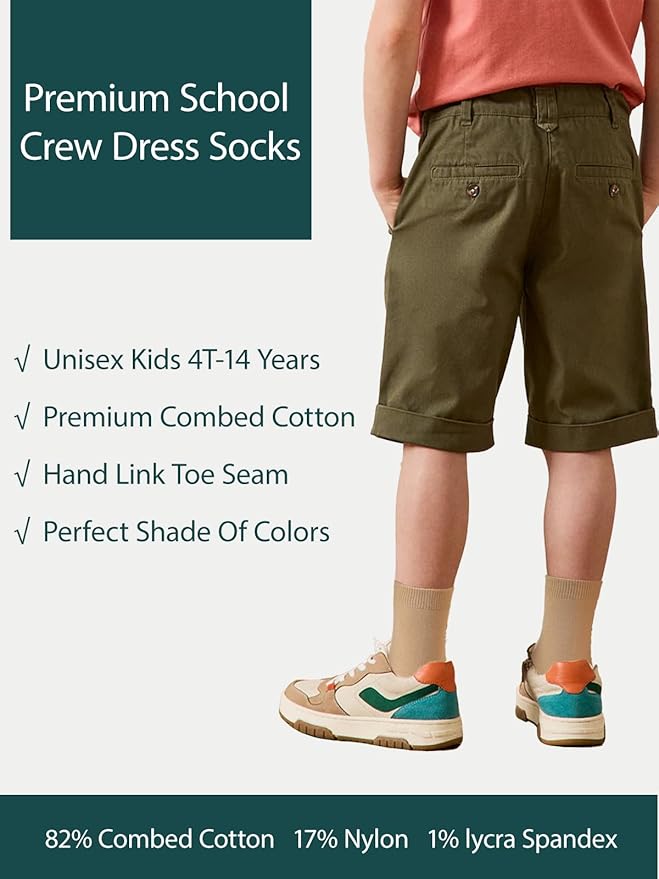 COTTON DAY Unisex Little Kids Youth Boys Girls Soft Cotton Crew Dress Socks Seamless Toe Black White Gray Navy 6 Pack