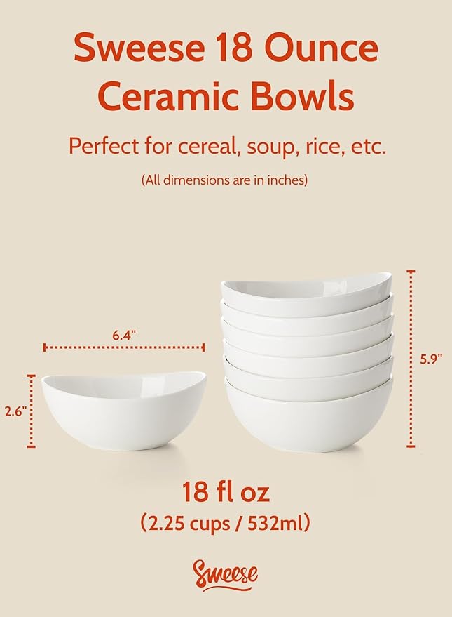 Sweese Porcelain Bowls Set - 6 Inch, 18 oz, White, for Soup, Cereal, Fruit, Rice, Set of 6 - Microwave, Dishwasher, Oven Safe