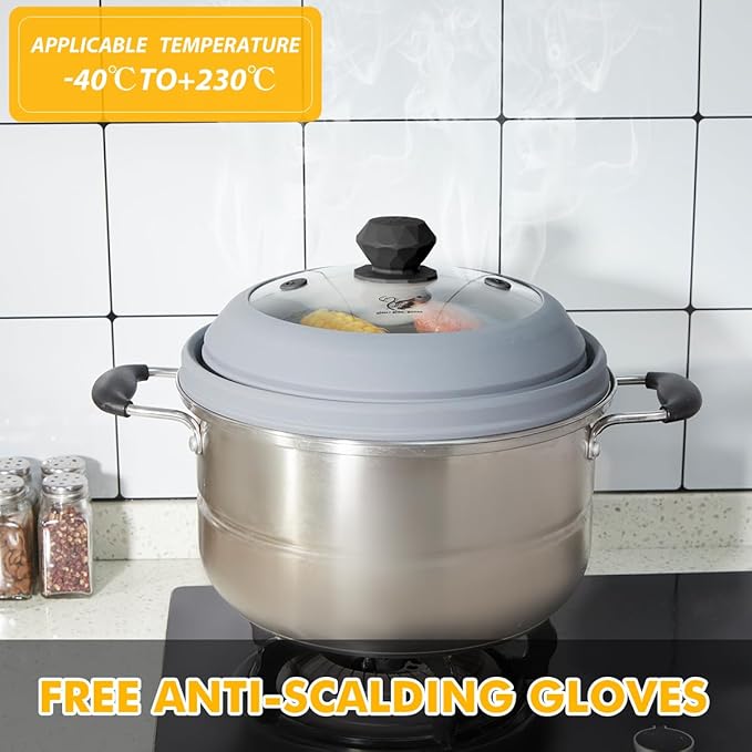 Microwave Splatter Cover Vented Glass Cover Splatter Guard Lid with Collapsible Silicone for Food as Pot Cover Plate Cover 10.8 inch for 6 7 8 9 10 inch Plate Bowl Light Grey