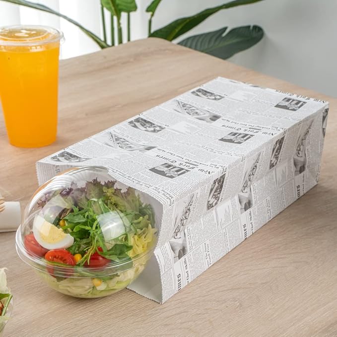 Bag Tek 8 Lb Disposable Lunch Bags, 100 Sturdy Take Out Bags - Flat Bottom, Microwavable, Newsprint Design Paper Bags, Freezable, Great For Restaurants, Cafes, And Bakeries - Restaurantware
