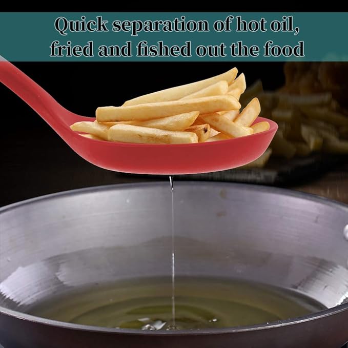 77L Slotted Spoon, Heatproof Skimmer Strainer Slotted Spoon, Seamless One-Piece Non-Stick Cooking Silicone Scoop Ladle with Ergonomic Handle for filter Vegetable, Pasta and More (Red)