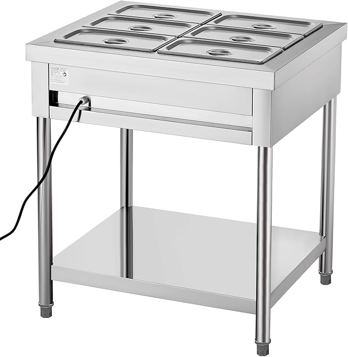 VEVOR 6-Pan Commercial Food Warmer, 6 x 1/3 Pans Electric Steam Table, 1500W Professional Buffet Catering Food Warmer with Undershelf, Stainless Steel Server for Restaurant Party Hotel