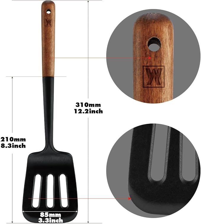 Set of 2pc Silicone Cooking Utensils: Wooden Handle Slotted Spatula + Cooking Ladle, Heat Resistant Cooking Utensil, BPA Free, Protects Surfaces with Gentle Head Design