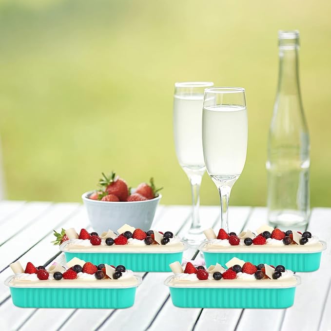 LNYZQUS Mini Loaf Baking Pans with Lids 100 Pack, 6.8oz Rectangle Mini Cake Tins Baking Cups,Disposable Aluminum Foil Baking Pan Muffin Tins Containers -Cyan Blue