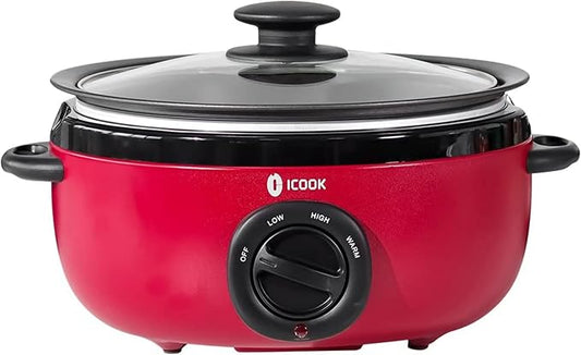 ICOOK 6.5 Quart Slow Cooker, Simmer Pot with Transparent Glass Cover, Cooks Entrees, Adjustable Temp, Sauces, Soups, Roasts, Stews and Dips (Red)