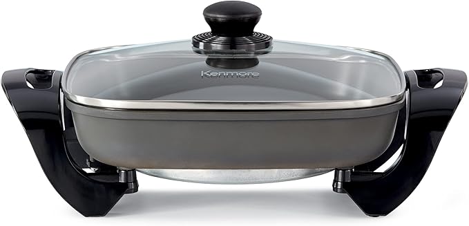 Kenmore Electric Skillet - Nonstick Frying Pan With Removable Glass Lid, Grill, Saute, Roast Chicken, Cook Pancake, 12x12" Temperature Control Easy Clean Countertop Kitchen Appliance