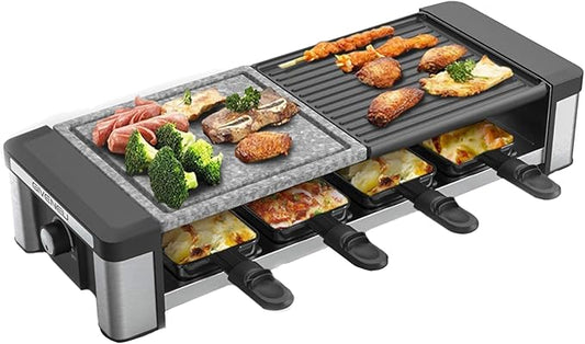 Raclette Grill, Electric Indoor Grill Table Portable, 2 in 1 BBQ Grill with Reversible Non-stick Plate and Stone, 1200W Fast Heating with 8 Cheese Melt Pans, Temperature Control