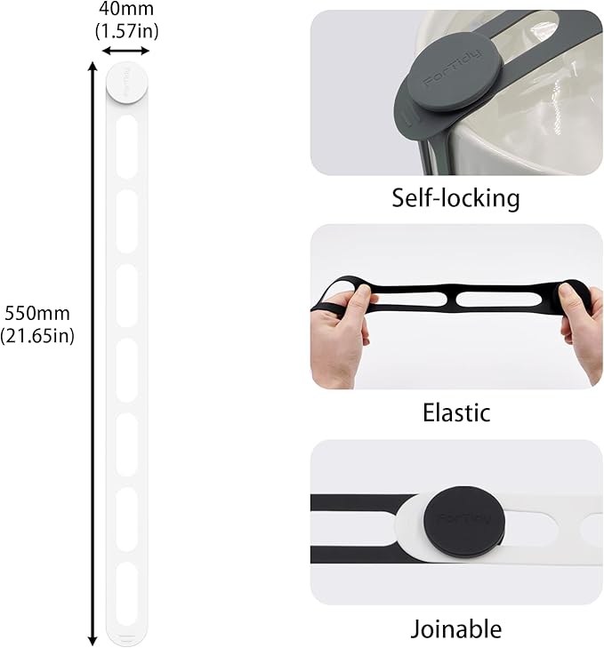 Silicone Utility Strap for Slow Cooker Lid, Pot, Bento Box, 21.65 In Reusable Elastic Self-Lock Silicone Tie for Bundling or Organizing Curtain, Cords, Yoga Mat, Camping Mat, 4pcs (White)