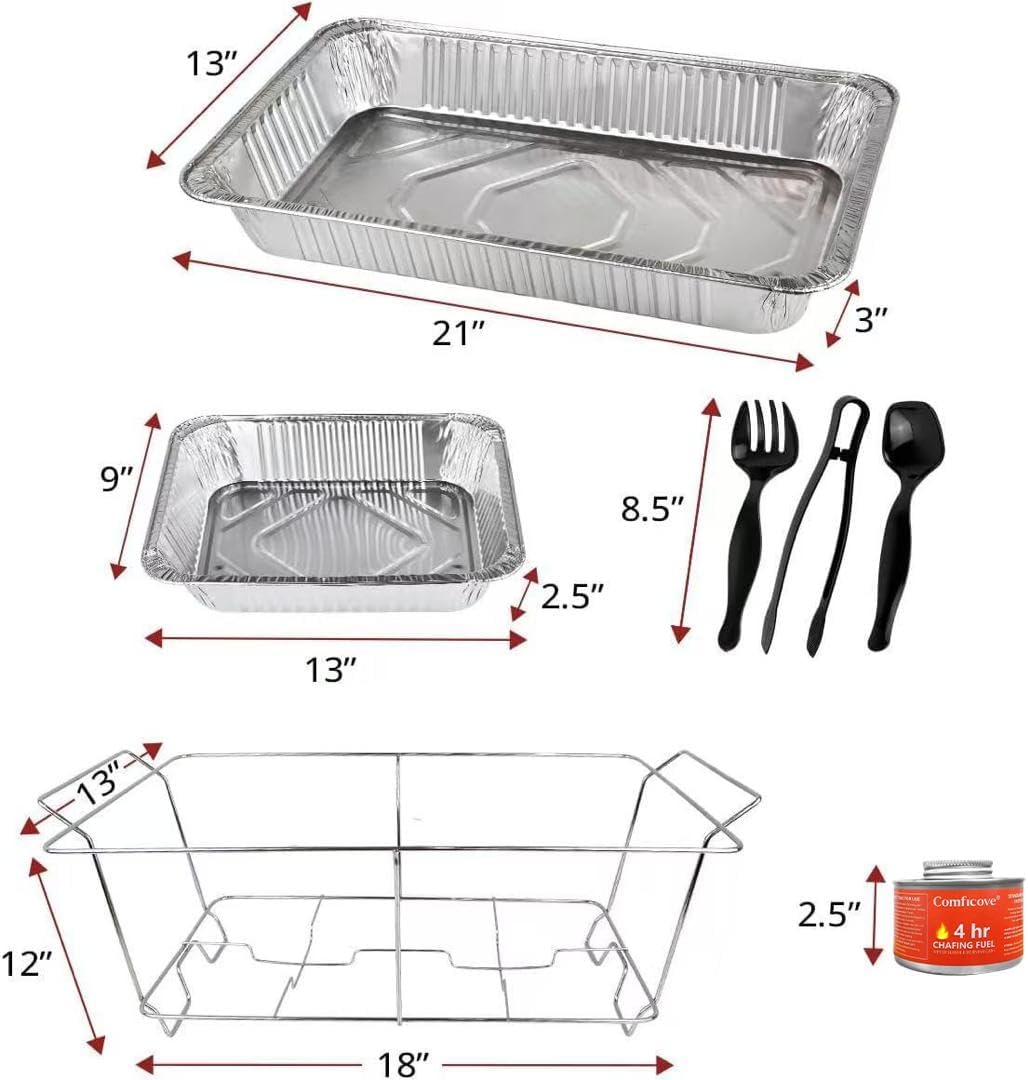 Disposable Chafing Dish Buffet Set, 33 Piece of Chafing Servers with Food Warmers, Covers, Half-Size Food Pans, Water Trays, Serving Utensils, Foil Lids and 4Hr Fuel Cans for Parties, Catering