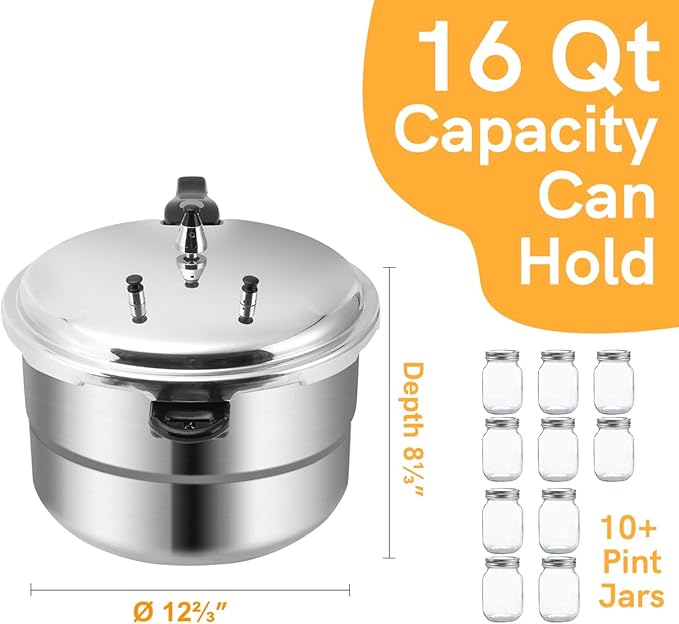 16 Quart Pressure Cooker, 10 Psi Induction Compatible Pressure Canner w/Stainless Steel Honeycomb Base, Heavy Gauge Aluminum, Quality Steamer Rack Included