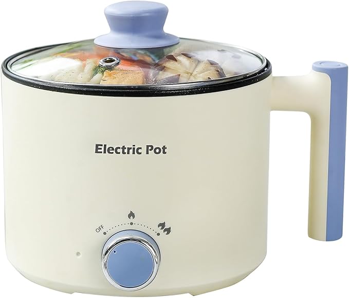 Electric Hot Pot:1.5 L Ramen Cooker, Dual Power Mini Portable Multi-Functional Lazy Pot for Pasta, Noodles, Egg, Soup, Non-Stick Noodle Cooker with Boil Dry Protection for Dorm, Office (Beige)