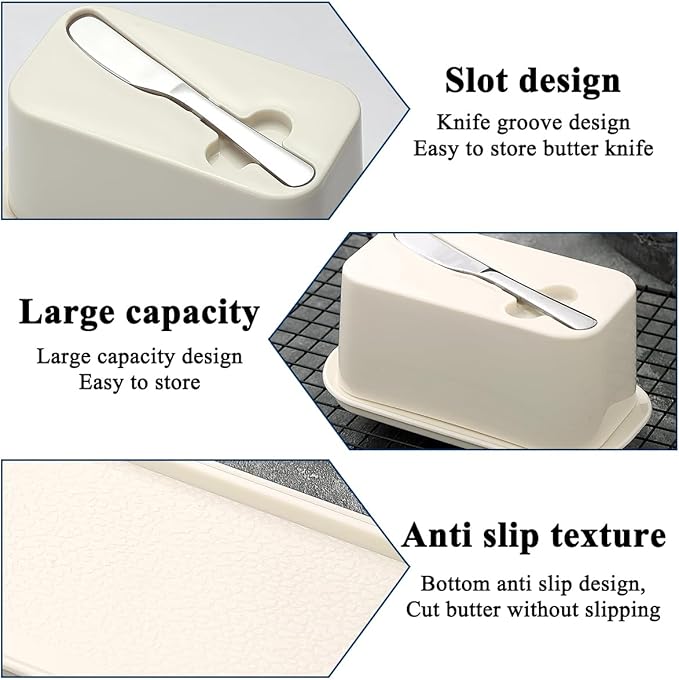 Evanda Butter Dish with Lid for Countertop and Refrigerator Door Shelf with Butter Spreader Knife, Butter Keeper, Plastic Butter Holder Tray Container for West/East Coast Butter