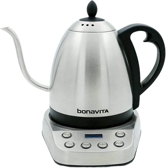Bonavita Gooseneck Electric Kettle, Stainless Steel Water Boiler, Digital Variable Temp, Precise Pour Control, 6 Preset Temps for Pour-Over Coffee & Tea, Café, Home, 1 Liter, Stainless Steel Base