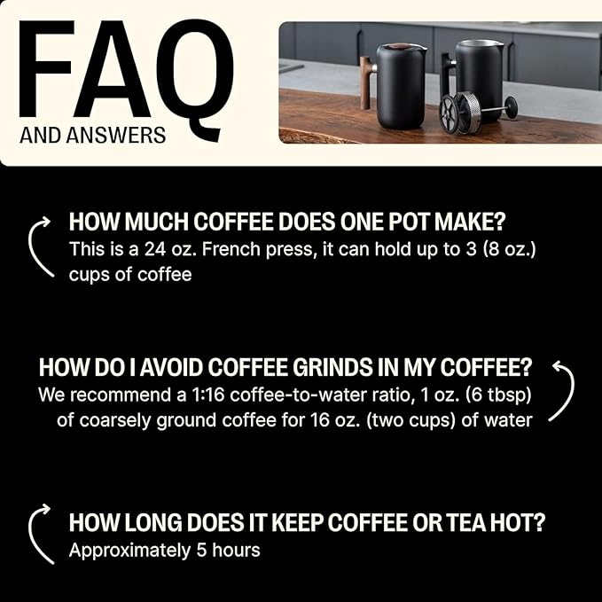 Fellow Clara French Press Coffee Maker - Portable Stainless Steel Coffee Press, Insulated Manual Brewer, Matte Black with Walnut, 24 oz Carafe