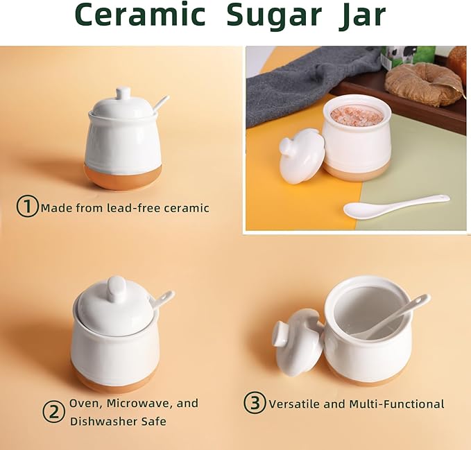 LEETOYI Sugar Bowl with Lid and Spoon, 12 oz Ceramic Sugar jar, Sugar Container for Coffee Bar, Sugar Dispenser Bowl, Microwave & Dishwasher Safe, White