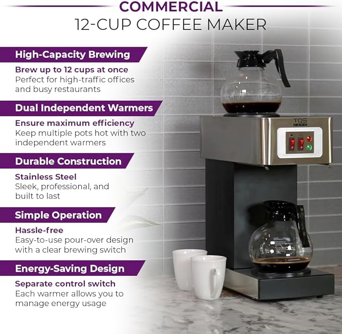 12-Cup Commercial Coffee Maker Stainless Steel - Double Coffee Machine for Office, Restaurant, Industrial Use - 110V High Capacity Office Coffee Maker - TQS Cafe