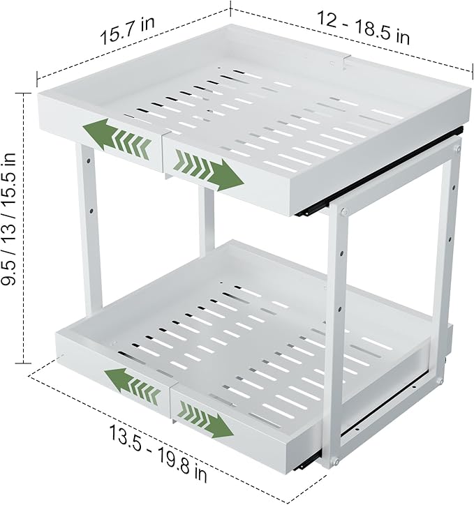 2 Tier Pull Out Cabinet Organizer ,Adjustable Width & Height,Expandable Pull-Out Drawers For Cabinets, Slide Out Shelves for Kitchen Cabinets / Countertop / Pantry,Heavy-Duty & Easy to Install(White)