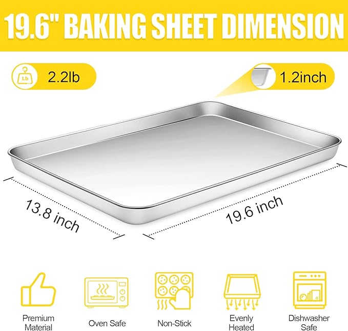 Baking Sheet, Cookie Sheet, Stainless Steel Baking Pan, 2 Piece-19.6''x 13.8'' x 1.2'', Large Sheet Pan for Oven, Baking Tray for Baking&Roasting, Nonstick&Nontoxic&Easy Clean