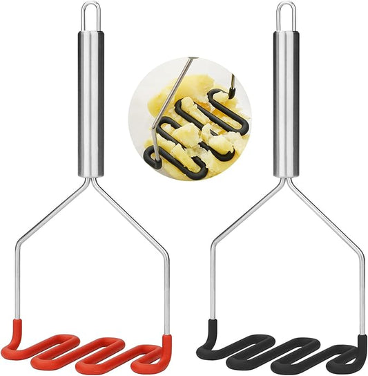 SHIKORI Non-Scratch Silicone Potato Masher Kitchen Tool, Potatoes Masher Potato Masher Stainless Steel Wrapped In Premium Silicone, Potato Smasher 2 Pcs-Black&Red